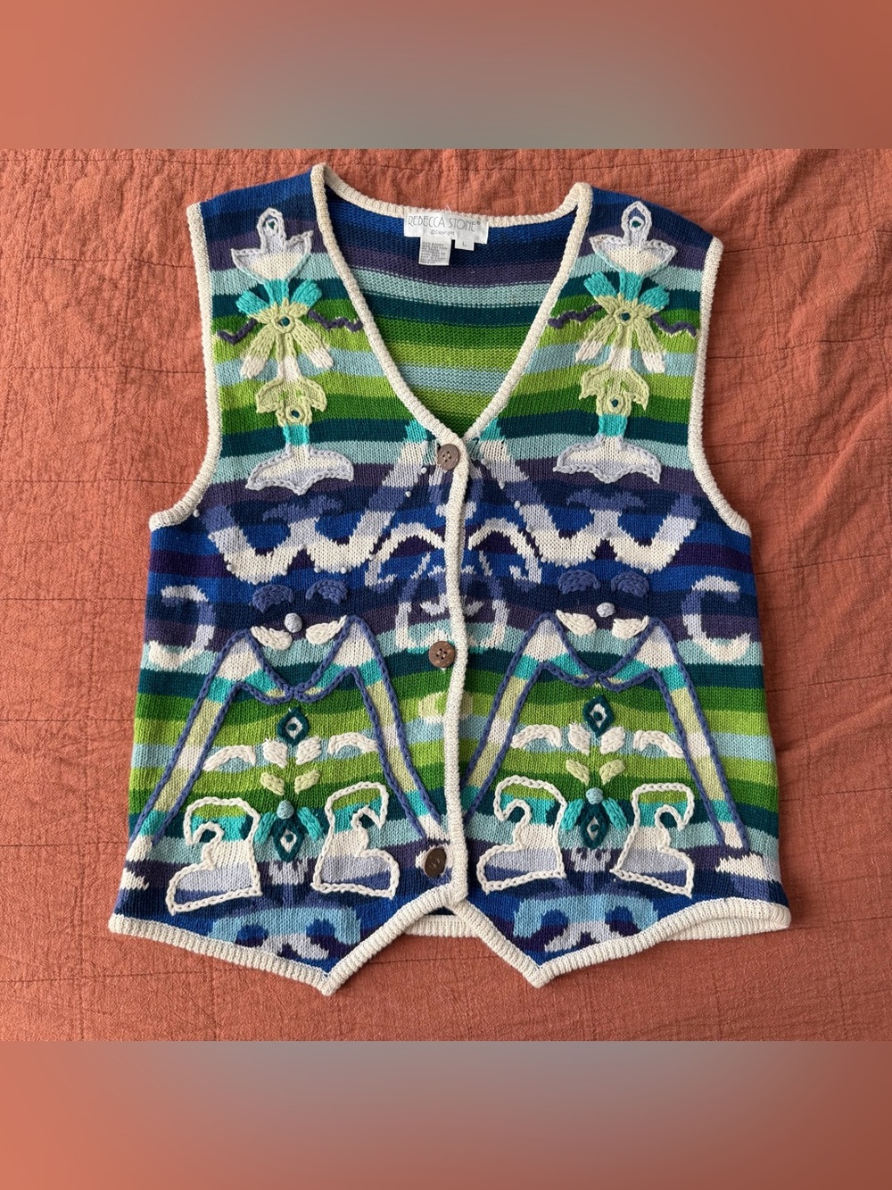 Vintage Rebecca Stone Colorful Sweater Vest Women L Striped Cottage Grandma 90s